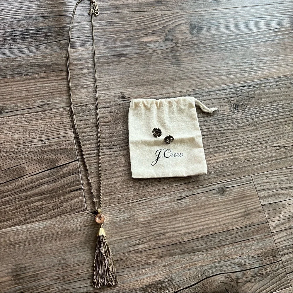 J. Crew Gold Gem Tassel Necklace & Stud Rhinestone Earring Set